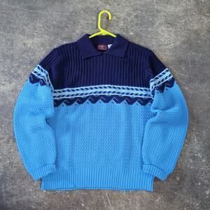 Vintage 70s Kingsport Sweater Mens XL Blue Two Tone Fair Isle Collared Grandpa